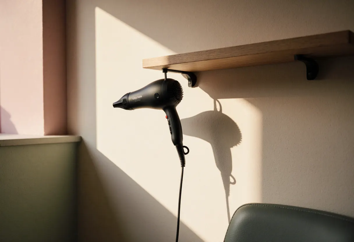 Ein matt-schwarzer Föhn hängt mit locker aufgewickeltem Kabel an einem Wandhaken, warmes Abendlicht wirft lange Schatten auf die Cremewand