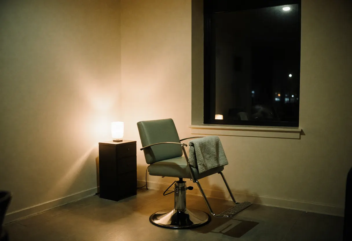 Leerer Frisierstuhl am Abend, warmes Licht einer Tischlampe, ein Handtuch über der Lehne